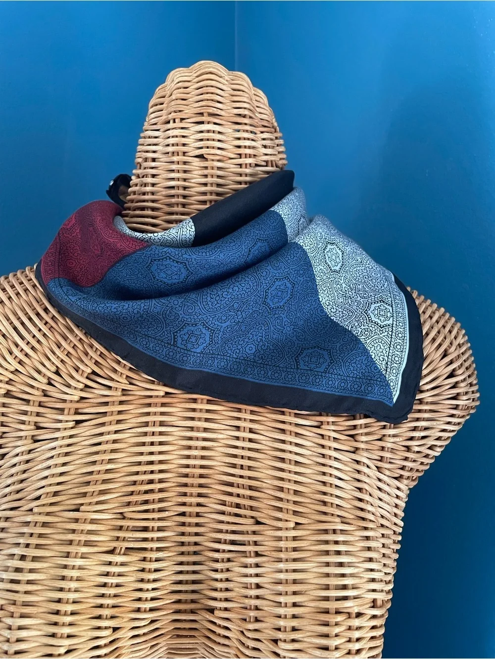 Silk Neckerchief Square Scarf EUC Approximately 18” x 18” Silver, Red, Blue Gold